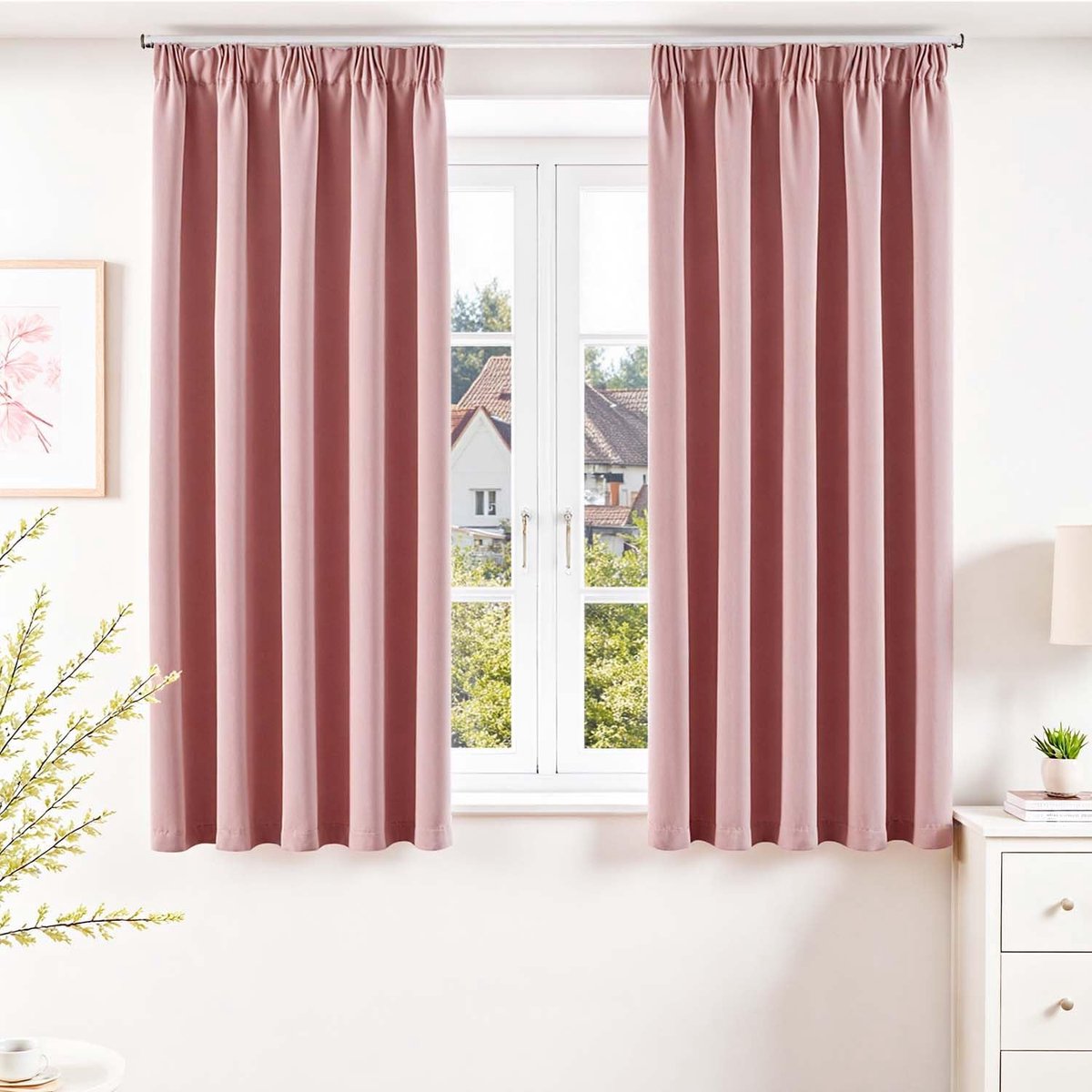 Gordijnen met krukband, ondoorzichtig, woonkamer H160 x B140cm, set van 2, thermo, verduisterende gordijnen, kort, keuken, slaapkamer, kinderkamer, raam 160 cm hoog, modern, verduisterend, roze