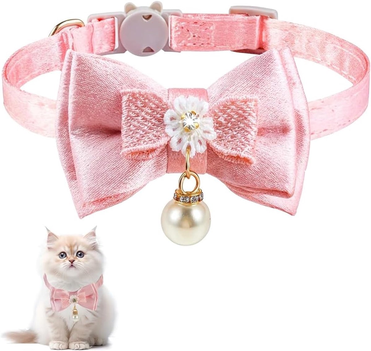 Kattenhalsband met Veiligheidssluiting – Roze, met parelhanger & strik, schattige halsband voor poezen, stijlvol & veilig voor dagelijks gebruik