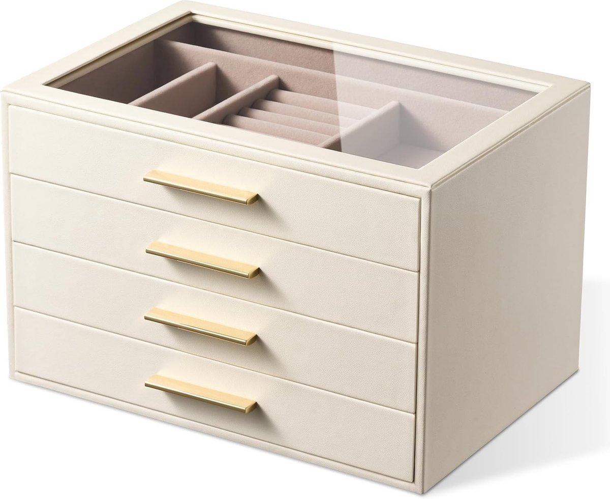 Sieradenopbergdoos met 4 Verdiepingen en Glazen Venster, Wit - Perfect voor Organisatie en Bewaring van Sieraden