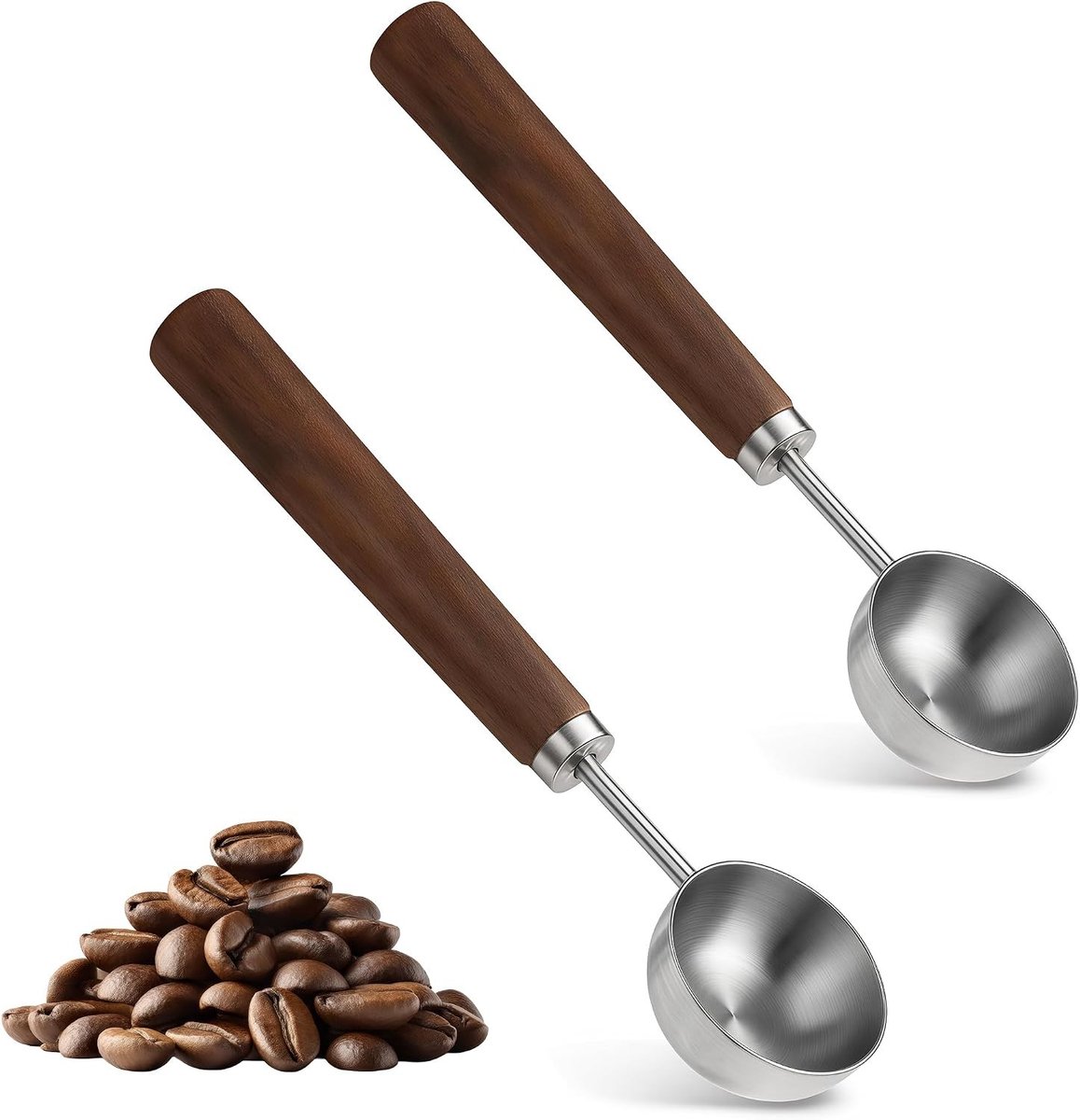 Metalen lepel voor koffie en thee, 15 g maatlepel, espresso lepel met walnoten handvat - set van 2 voor perfecte dosering van koffiebonen en thee