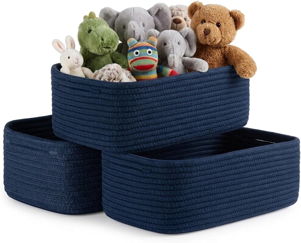3 stuks, geweven opbergmand, plankmanden van gevlochten katoenen touw met handgrepen, gevlochten mand voor kinderkamer, badkamer, bergruimte, 30 x 20 x 11 cm, donkerblauw