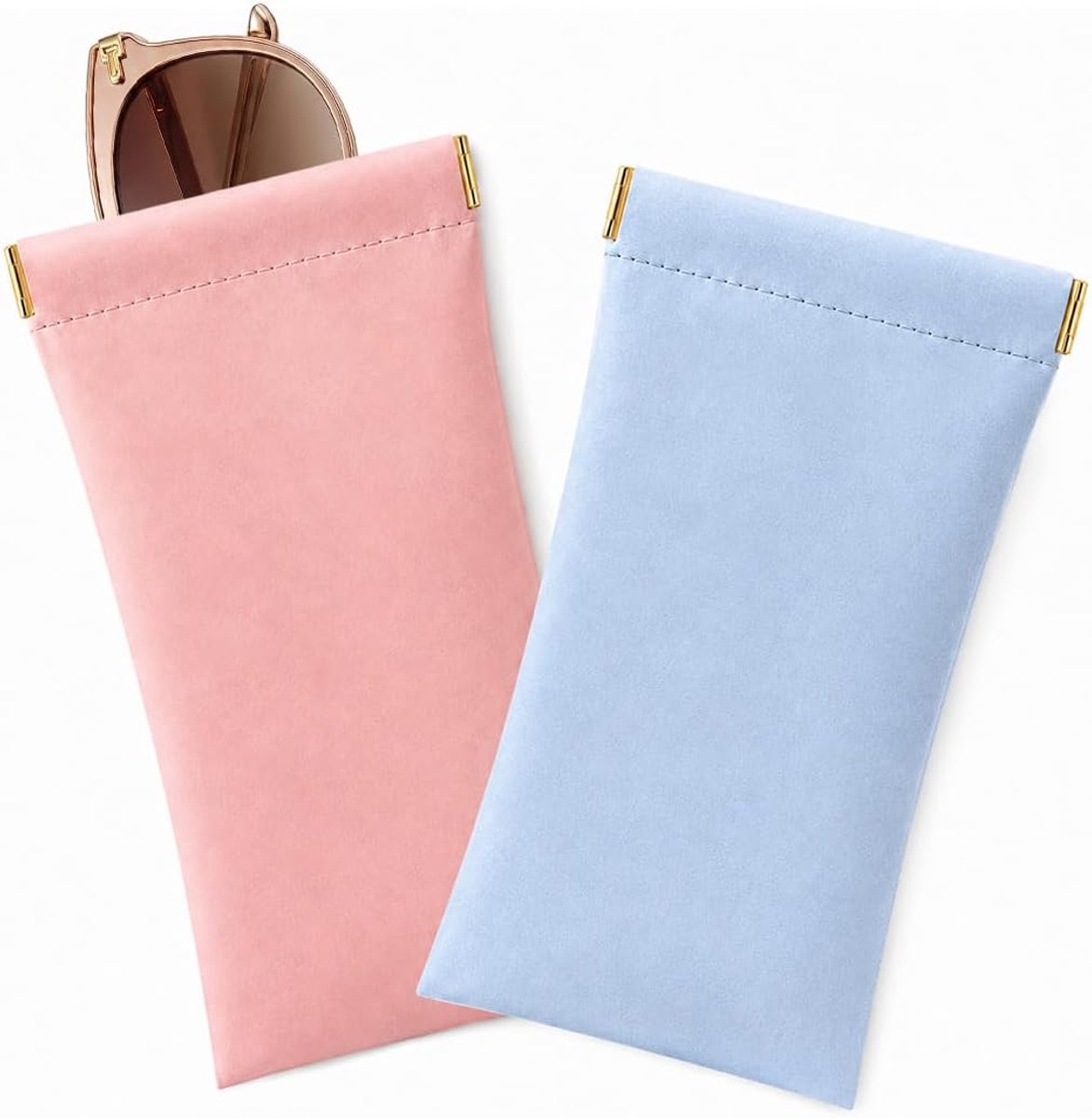 2 brillenkokers van zacht kunstleer, roze en blauw, draagbaar, nieuwste model.