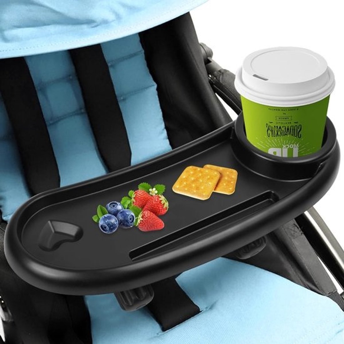 SnelShoppen - snackdienblad voor kinderwagen met bekerhouder, voederdienblad 3-in-1 - universeel accessoire voor kinderwagens, zwart, voor kinderen, Id