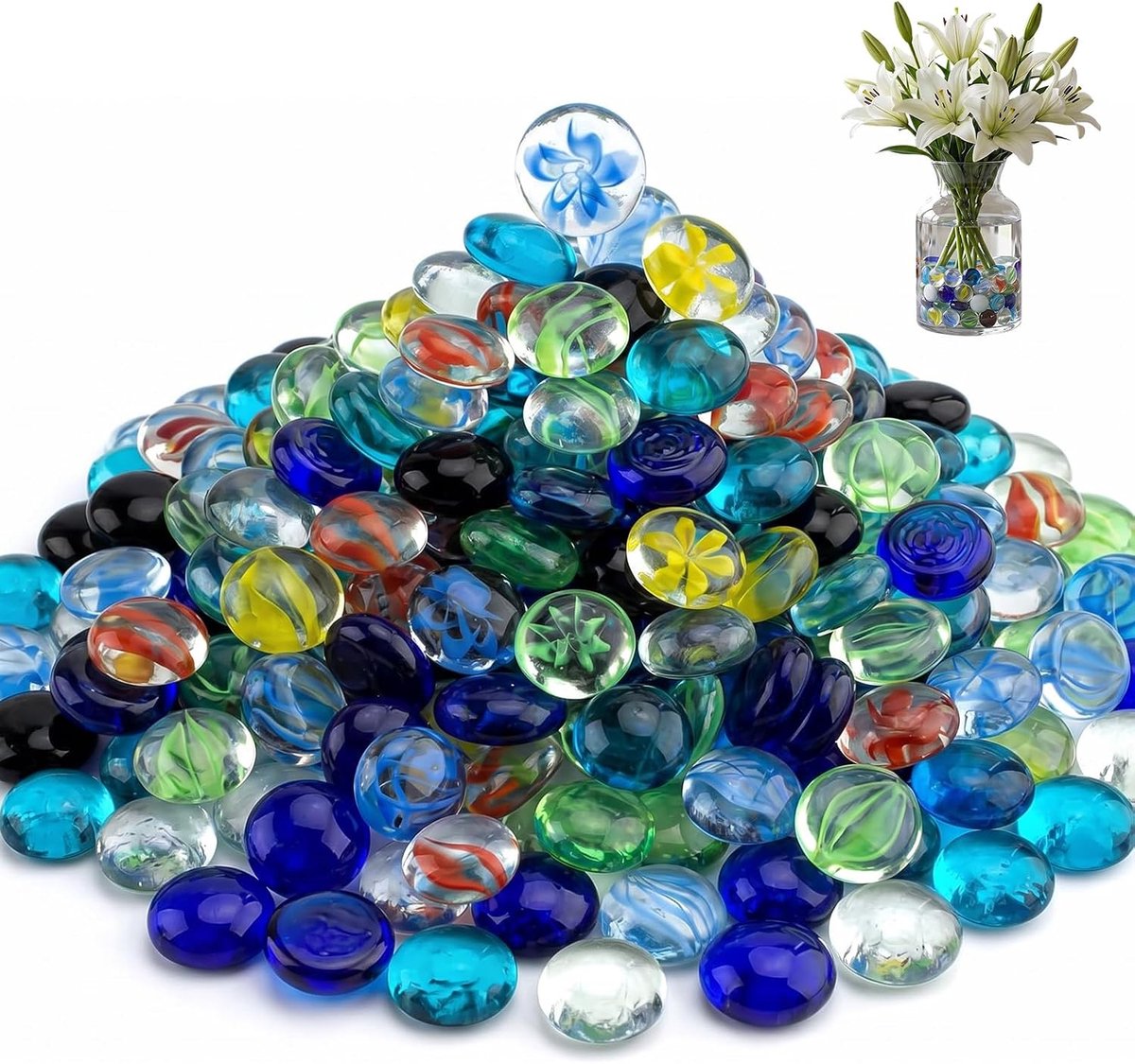 200 stuks/900 gram muggelstenen, glazen stenen, kleurrijk, ronde glazen mokkerstenen, grote glazen nuggets, kleurrijke decoratieve stenen voor tuin, doe-het-zelfprojecten, knutselen