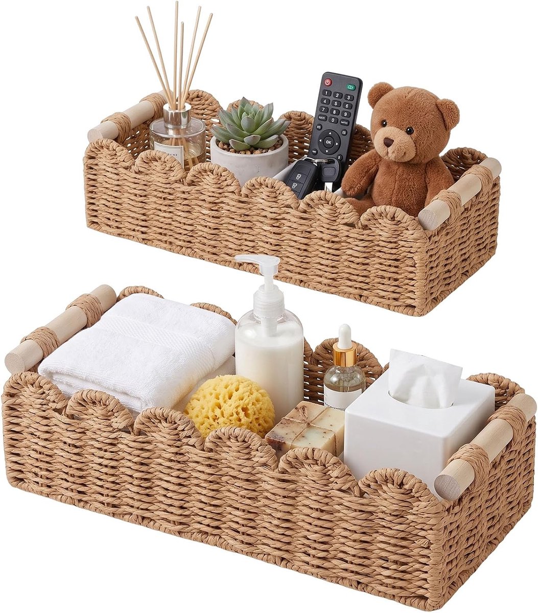 2 stuks opbergmanden, gevlochten met houten handgrepen, toiletpapier, opbergmanden, plankmanden, decoratie, gevlochten mand voor keuken, badkamer, kinderkamer, keuken, kantoor (bruin)