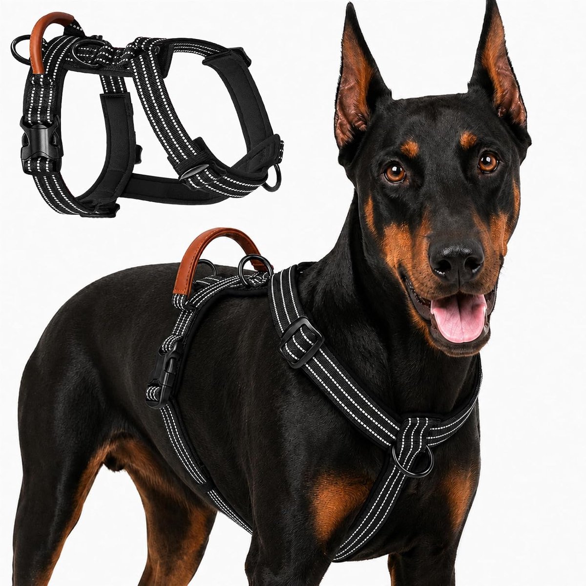 Hondenharnas voor middelgrote en grote honden, verstelbaar hondenvest dat niet verstikt, zacht gewatteerd reflecterend huisdierharnas met gemakkelijke handgreep en 3 riemclips voor