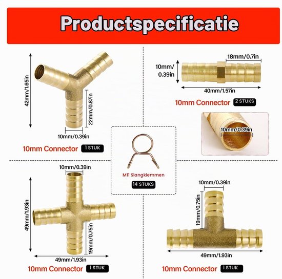 5 Stuks 10mm Slangverbinder, 2/3/4-Weg Messing Slangverbinding met 14 Slangklemmen voor Brandstof, Water en Luchtgebruik — afbeelding 5