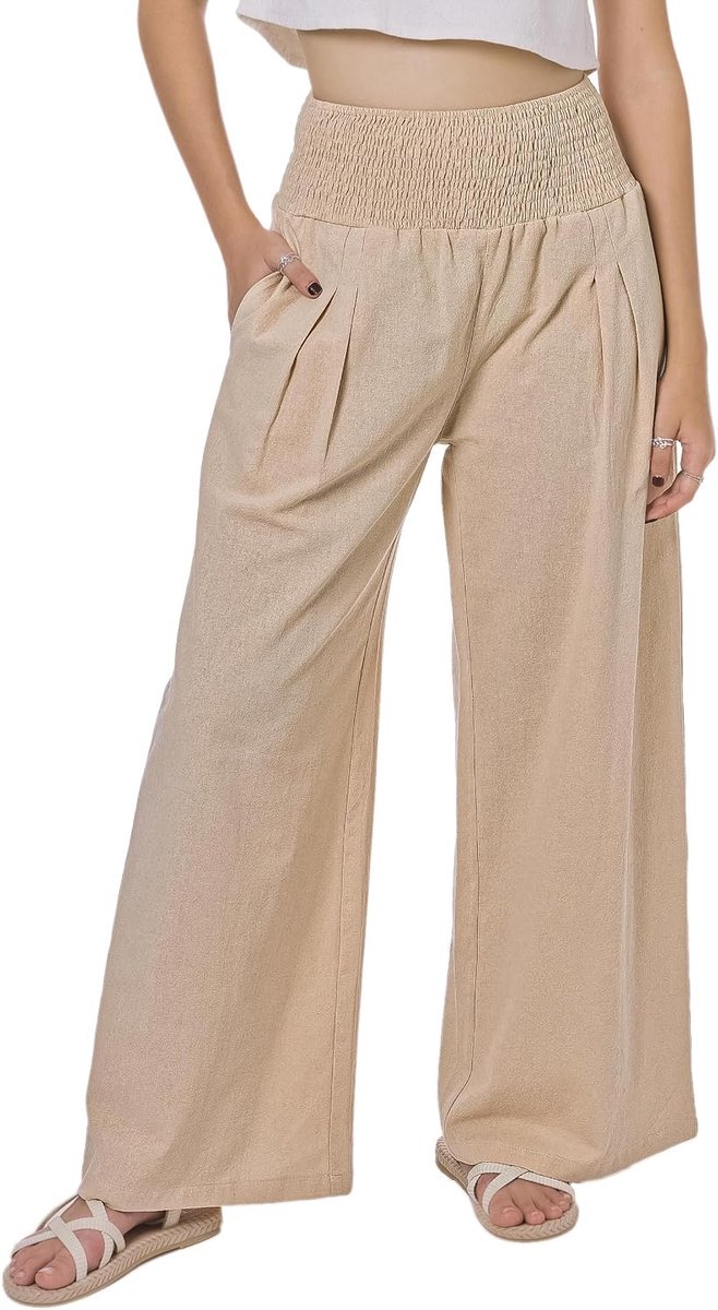 Palazzo Zomerbroek voor dames, vloeiend katoen, linnen, wijde broek, strand, hoge taille, boho, lange loungebroek met zakken