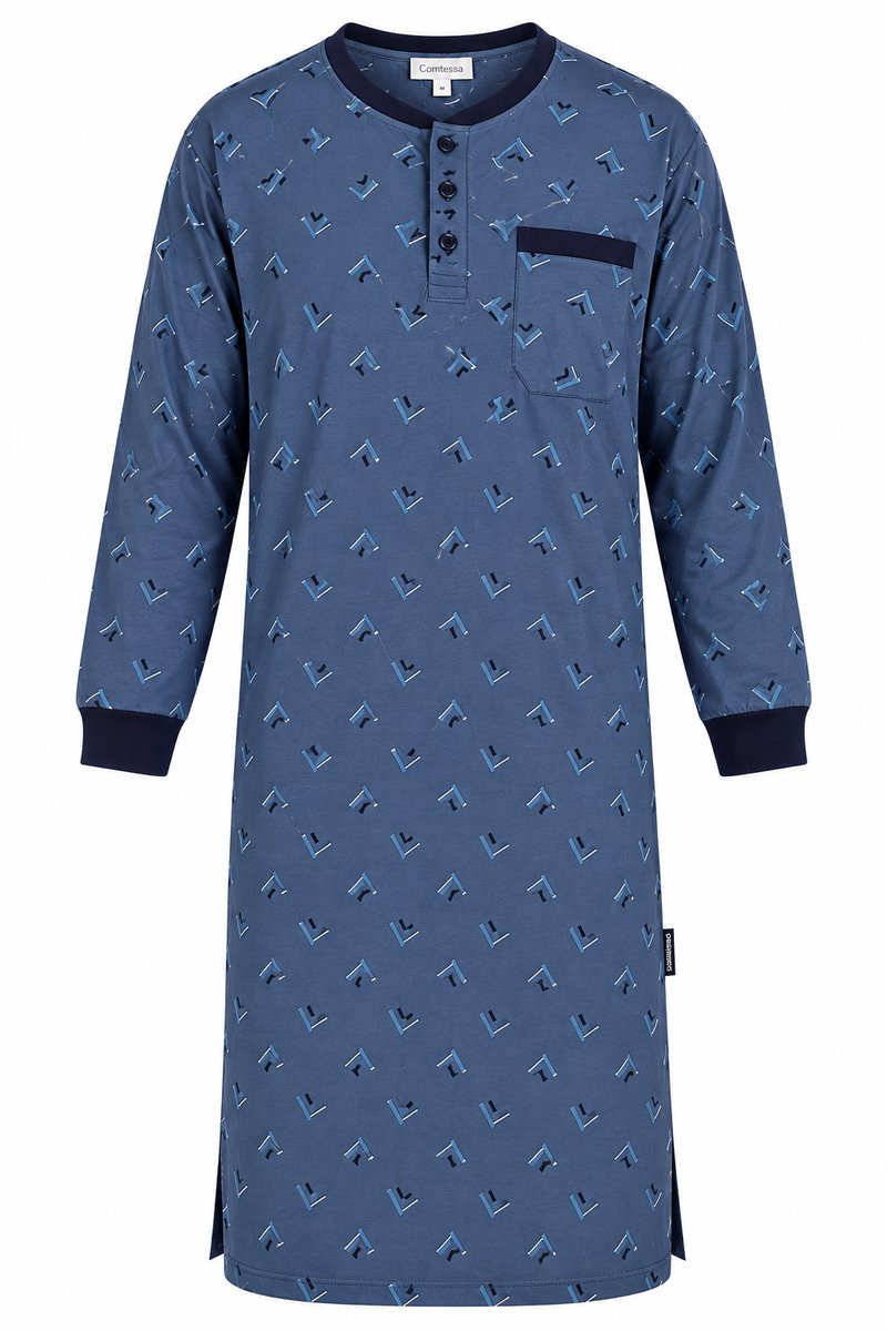 Comte - Heren Nachthemd Lange Mouw – Blauwe Print – 100% katoen - maat L