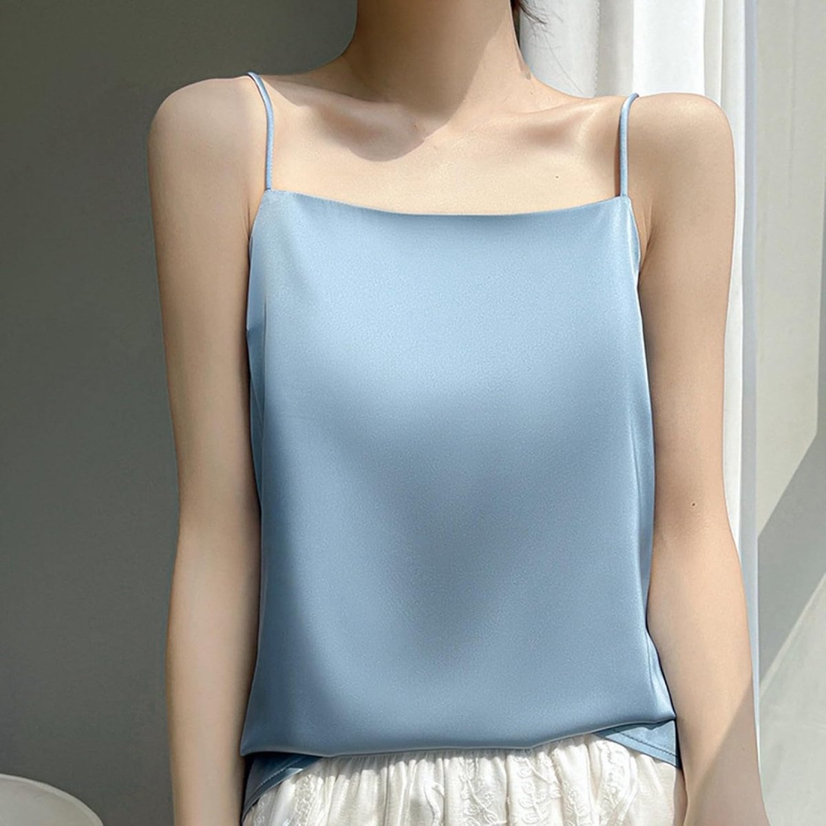 Zijden Vest - Zomer Dun Dameshemd Blauw Satijn Boothals Mouwloos Tanktop Modieus Losvallend Klein Hemdje Sexy Top Elegante Kantoor Dames Kort Pak Met Vest Casual,Blue,Xs