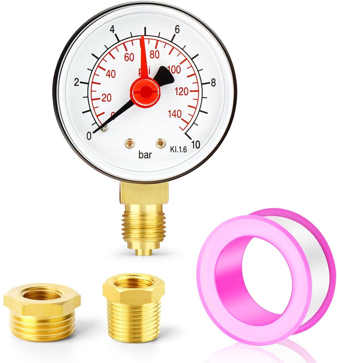 0-10 bar/0-145 psi drukmeters voor waterpompen, 2" wijzerplaat 1/4" BSP, met 2 stuks messing zeskantbussen 3/8" naar 1/4" en 1/2" naar 1/4", onderaan gemonteerd, met rode wijzer