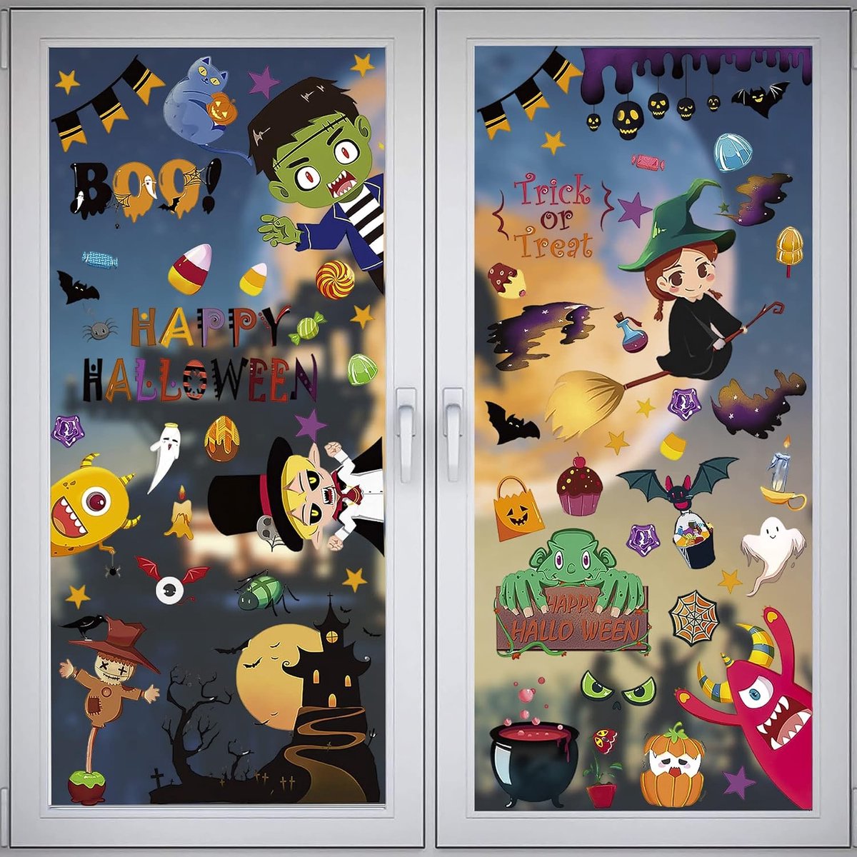Raamstickers, 170 stuks Halloween raamklevende stickers, 9 vellen heksen pompoen Halloween stickers voor kinderen, statische dubbelzijdige Halloween decoraties voor glas, muur, spiegel