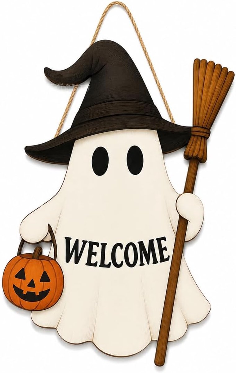Deurkrans, Halloween deurdecoratie, houten bord met geest voor voordeur | 1 stuk van hout, als Halloween deurdecoratie voor voordeur, wand, raam en ingang, B