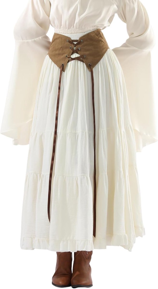 Fiamll Women's Renaissance Skirt A-line Maxi Skirt High Waist Medieval Skirt with Drawstring - ShopVlot