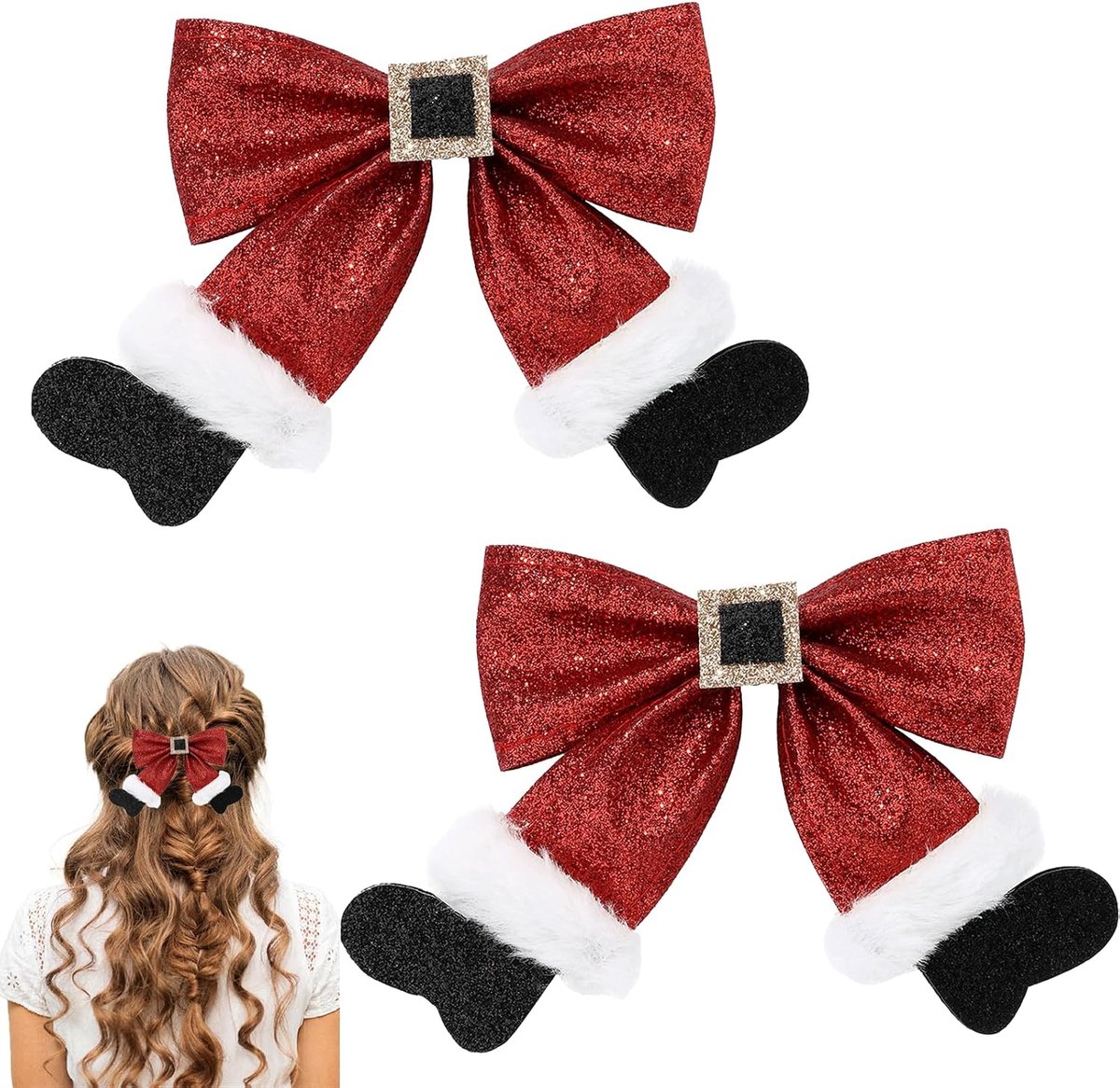 Kerst haarclips 2 stuks - grote rode strik - glitter haaraccessoires - vrolijke feestlook - ShopVlot
