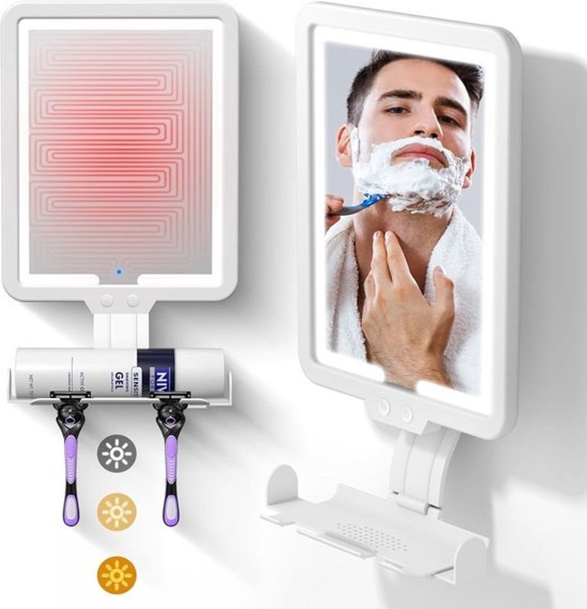 Verwarmde anti-condensdouchespiegel met 3 kleuren verlichting - Ideaal voor scheren en make-up, 24 x 18 cm