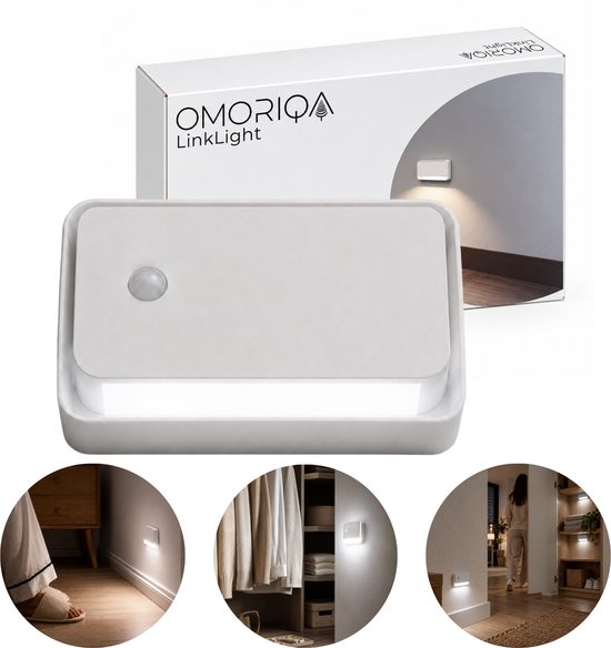 OMORIQA LinkLight verpakking met daaronder drie cirkelvormige inzetstukken die toepassingen in huis tonen.