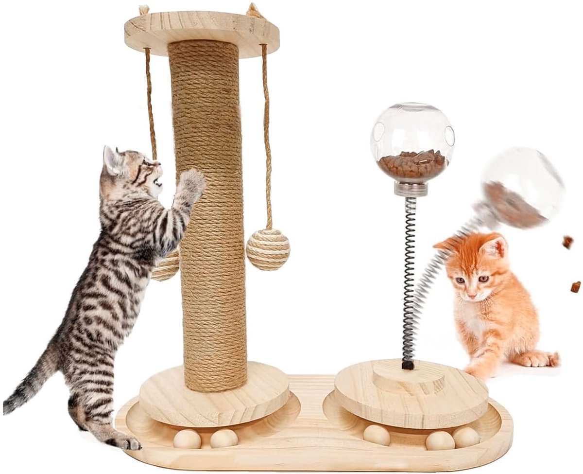Kleine Krabpaal voor Katten - 4-in-1 Kattenspeelgoed - Massief Hout - Sisal Krabpaal - Dubbele Draaibaan met 6 Ballen - Veer met Voerbal - 2 Hangballen - 40 x 20 x 36 cm - Naturel
