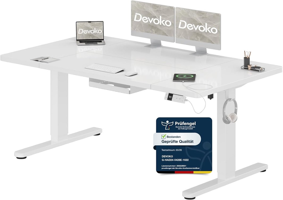 Elektrisch verstelbaar bureau 160 x 80 cm met Type-C oplaadpoort en geheugenfunctie - Industrohome