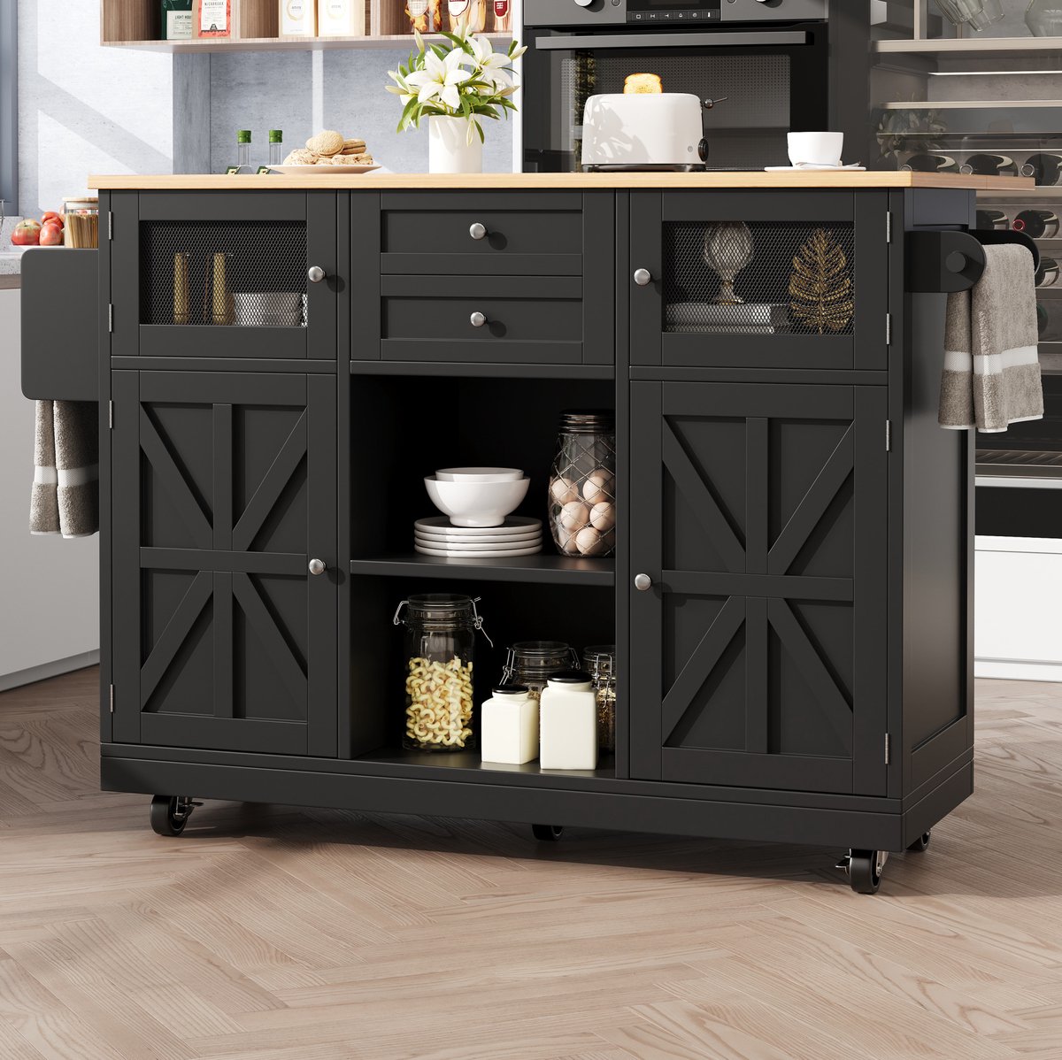 WUVRIE Keukeneiland 140x40x93,5 cm - Opklapbaar werkblad, 2 lades en wielen - Zwart