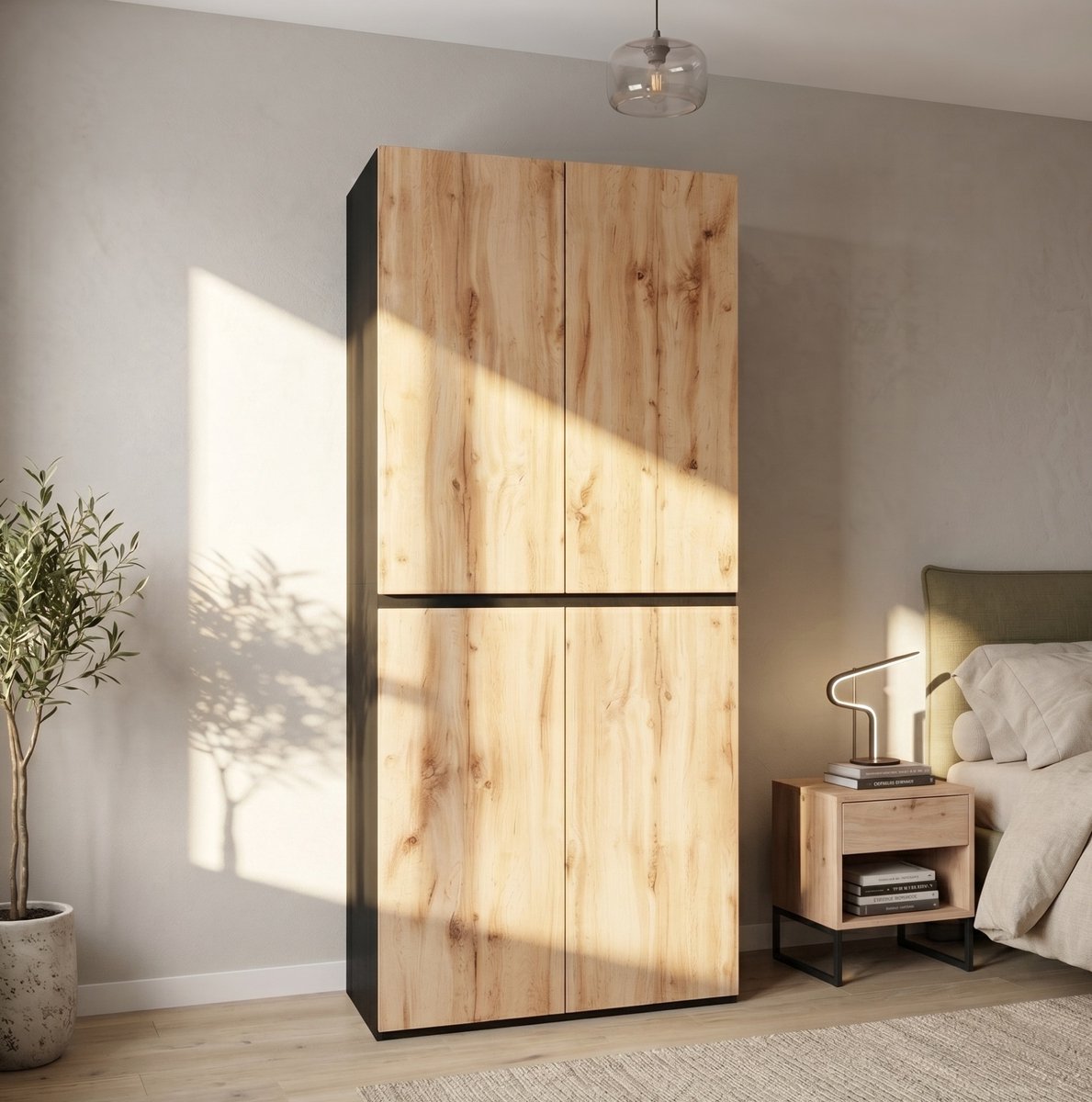 OKWISH Kledingkast - 4 Deuren, Kledingstang En Sieradenlade - Slaapkamer En Hal - Eikenlook Met Zwart - 90 x 50 x 200 Cm Hout
