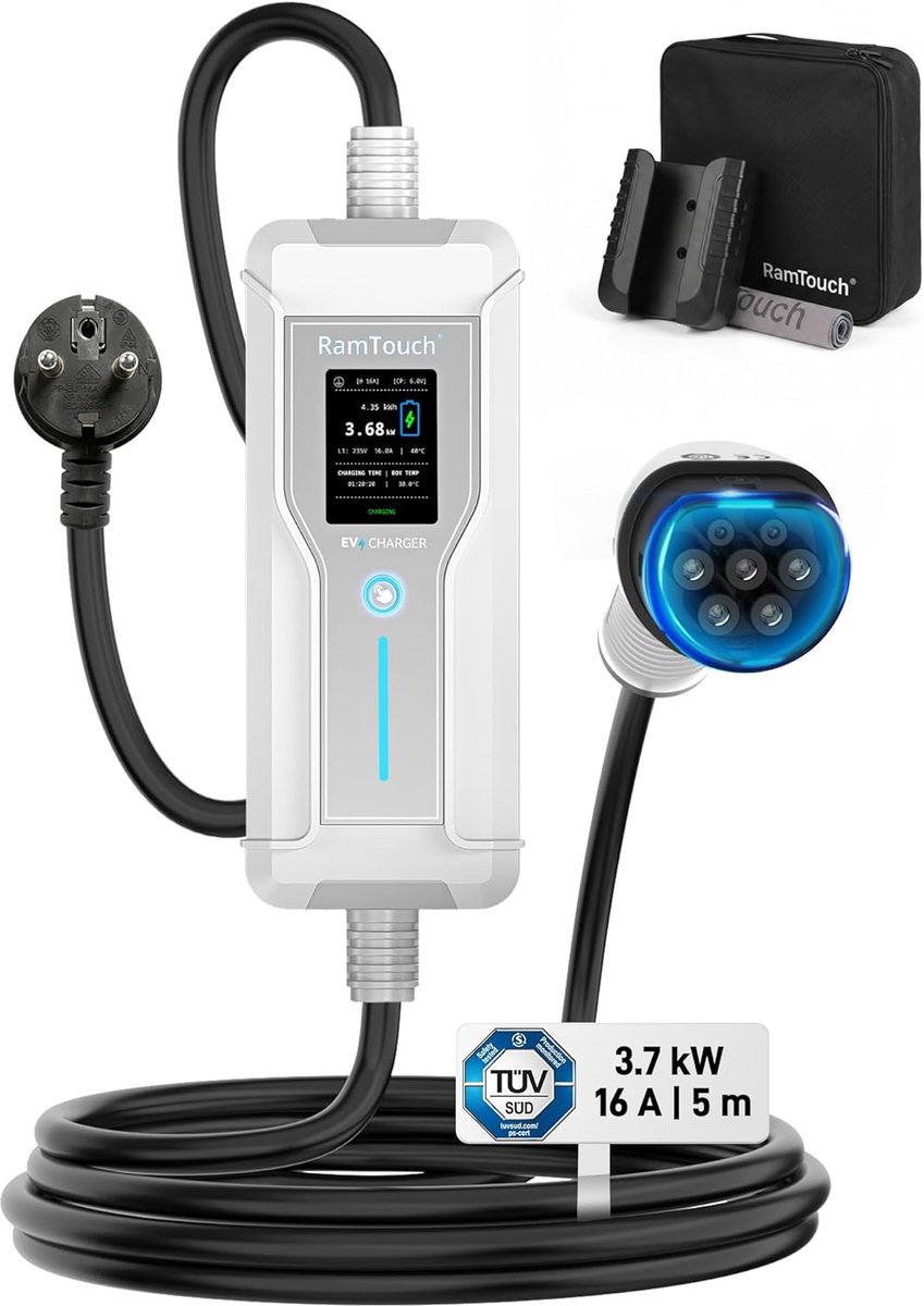 SnelShoppen - Type 2 Schuko Oplaadkabel 3.7 kW | 5 m EV Laadkabel met Display, Timer en RCD AC/DC | Snelle Thuislader voor Elektrische Auto's en PHEVs