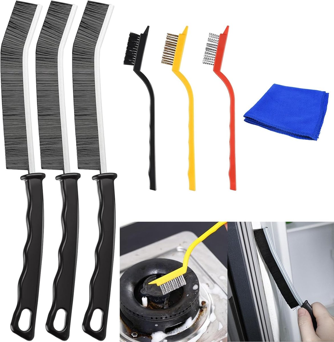 SnelShoppen - Pack van 6 Schoonmaakborstels (3 Lange + 3 Korte) met Reinigingsdoek - Hoekborstel, Voegenborstel, Kleine Schoonmaakborstels voor Badkam