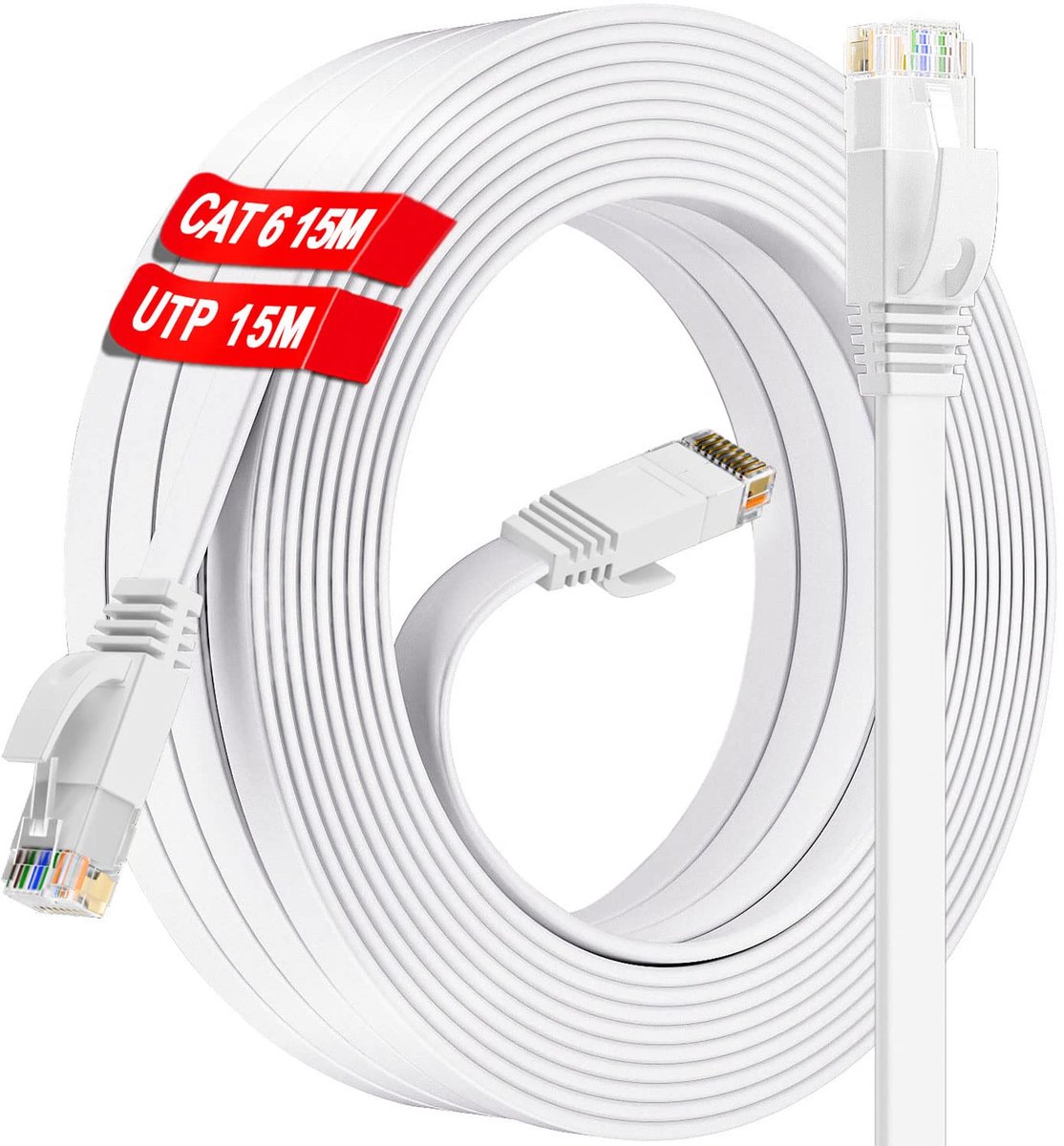 Kabel 15m Cat 6, Buiten Binnen Netwerkkabel 15 meter Hoge Snelheid, Wit Plat RJ45 Internetkabel 250MHz 10/100/1000Mbps, Lang UTP Gigabit LAN Kabel voor Router Switch Modem (15 Clips)