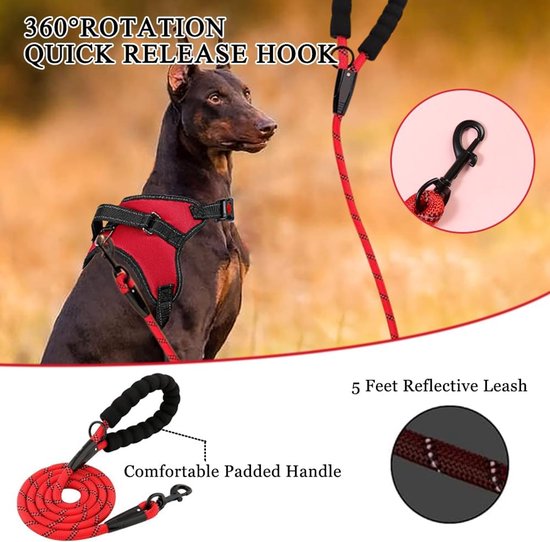 Hondenharnas, verstelbaar, comfortabele riem inbegrepen, voor kleine, middelgrote en grote honden, ideaal voor het trainen van wandelingen (rood, M) — afbeelding 3