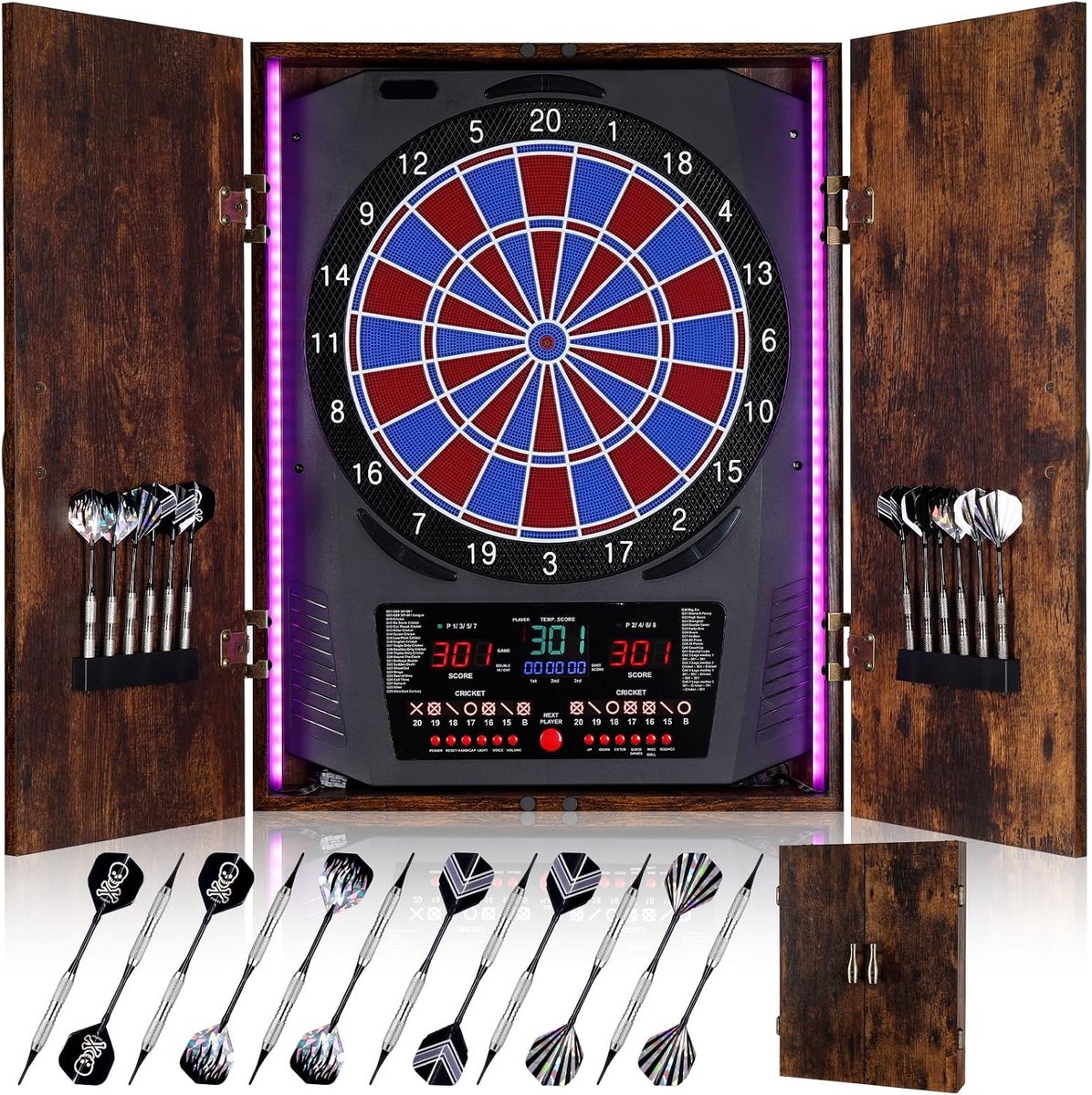 Elektronisch, decoratief elektronisch dartbord kast [6 brons soft-tip pijlen], eigen lichtkleur voor elke speler, professioneel e-dartbord - 92282 vintage