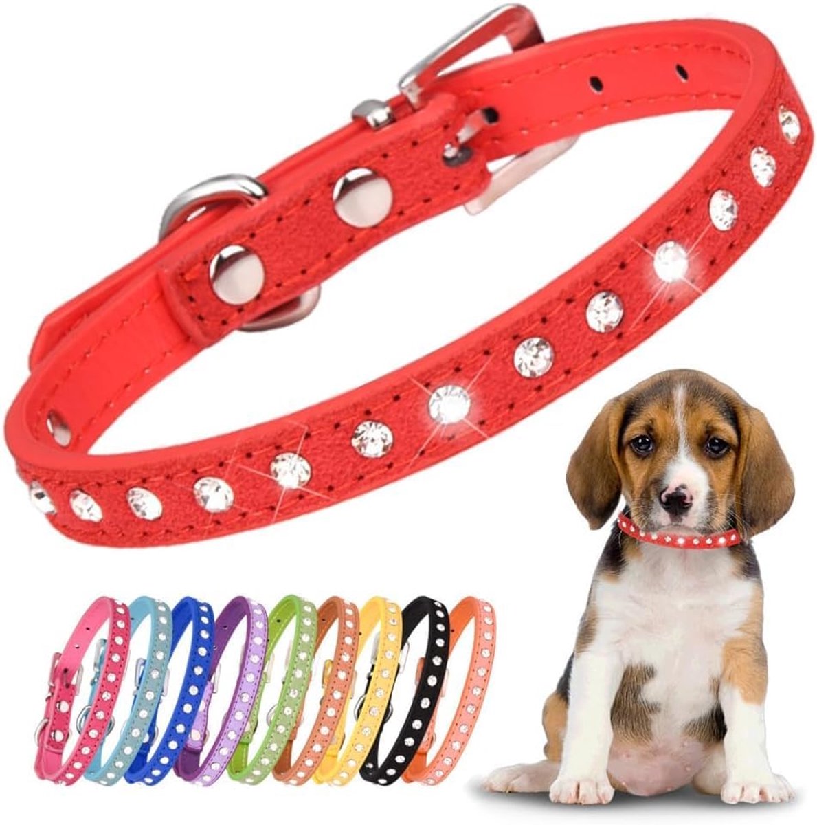 Oogverblindend, sprankelend, elegant, chique, suède, 1 rijen, bling strass kristal, juwelen kleine halsband voor huisdieren, katten, hond, puppy... (S, Rood)