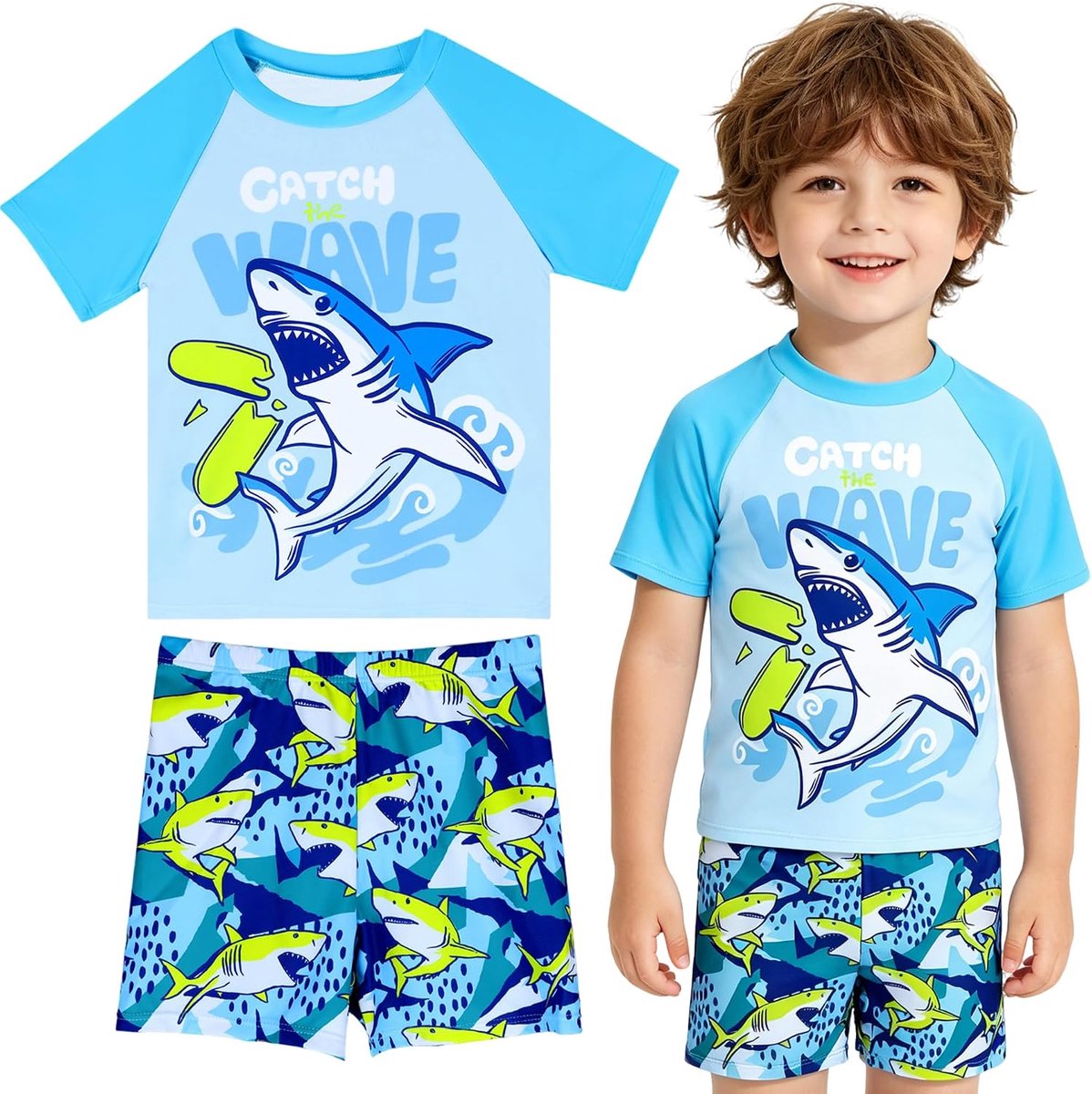 Zwemkleding voor kinderen, uv-badkleding voor jongens, tweedelig sneldrogend zwemshirt voor jongens, dinosaurusbadpak voor jongens, zwemshorts, comfortabel, ademend, uv-badshirt