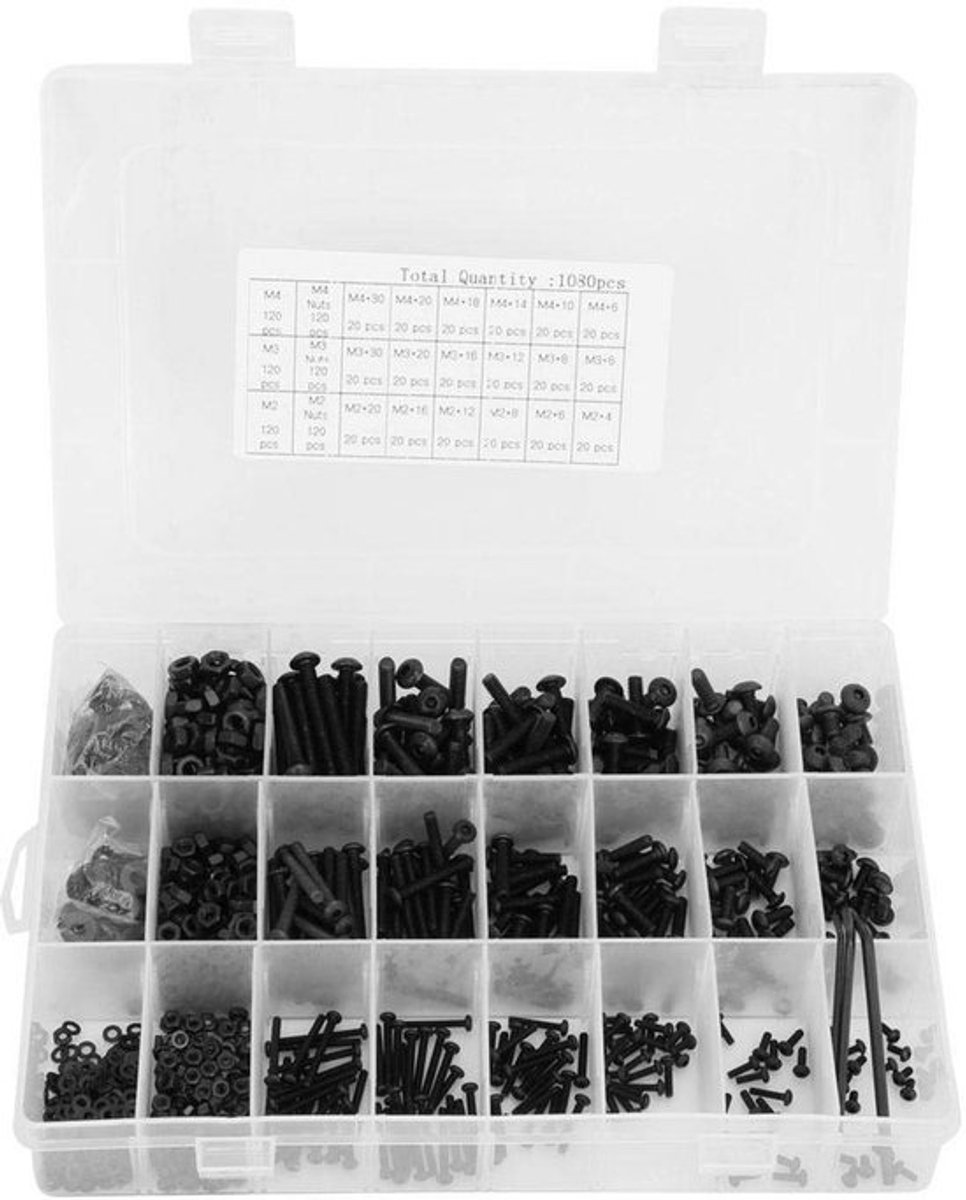 Schroef- en moerset - Bevestigingsmateriaal - Voor klusprojecten - 1080-delig - M2, M3 en M4 - Zwart