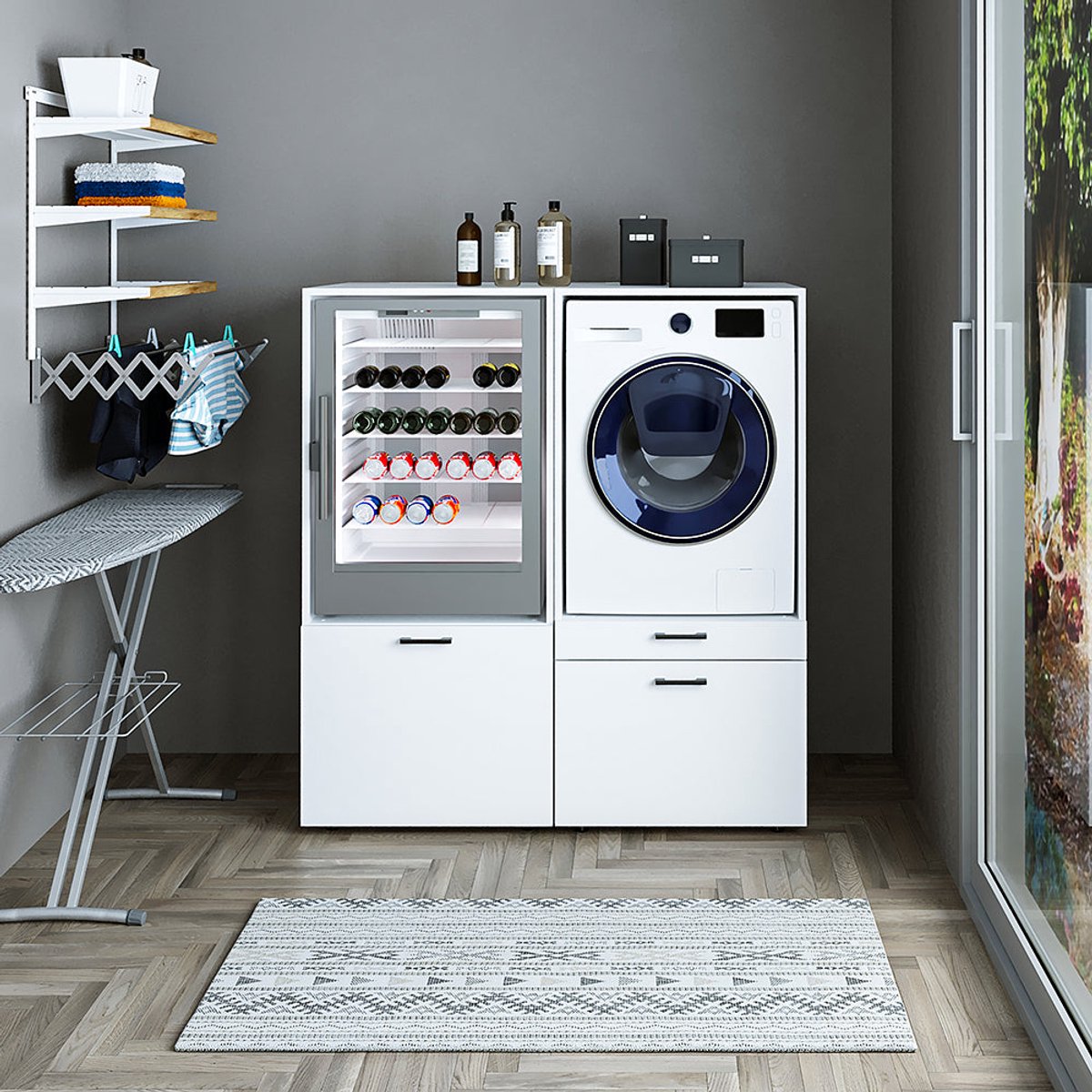 Roomart SERIE 2 Wasmachine Ombouwkast 134x145 cm - Dubbele Kast voor 2 Apparaten - Wit