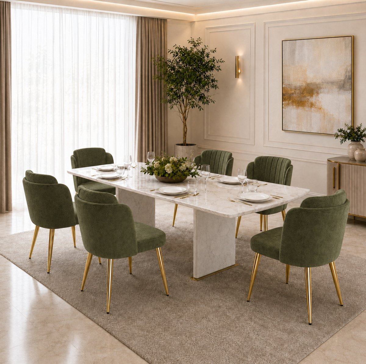 FloraGrace Eetkamerstoelen Set Van 6 - Gebogen Rugleuning Met Armleuningen - Verstelbare Voetdoppen - Eetkamer - Polyester En Metaal - Groen