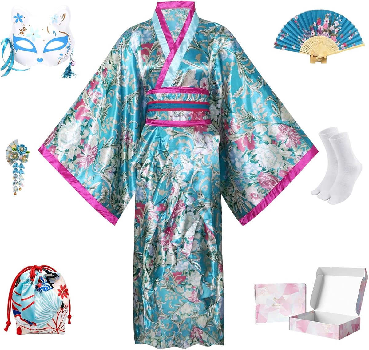 8 Stuks Kimono Dames Japanse Yukata, Satijnen Badjas Kimono Cosplay Kostuum met Riem Masker Haarspeld Waaier Handtas Tabi-sokken Set, GeschenkdoosInbegrepen