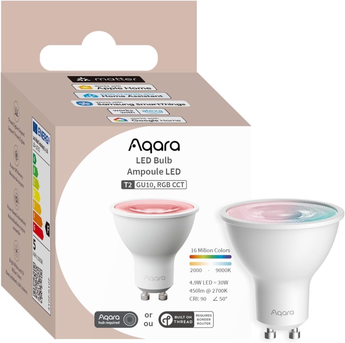 Slimme GU10 LED Lamp RGB CCT met Thread, Zigbee en Matter Technologie voor Thuisverlichting