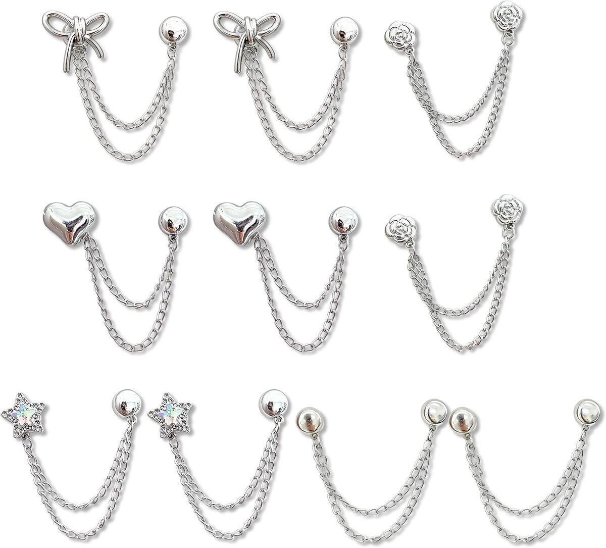 10 Stuks Magnetische Kledingclips, Zilveren Kledingklemmen met Ketting in 5 Designs, Magnetische Kledingklemmen voor Broekspijpen Sjaals Dunne Kleding en als Broche