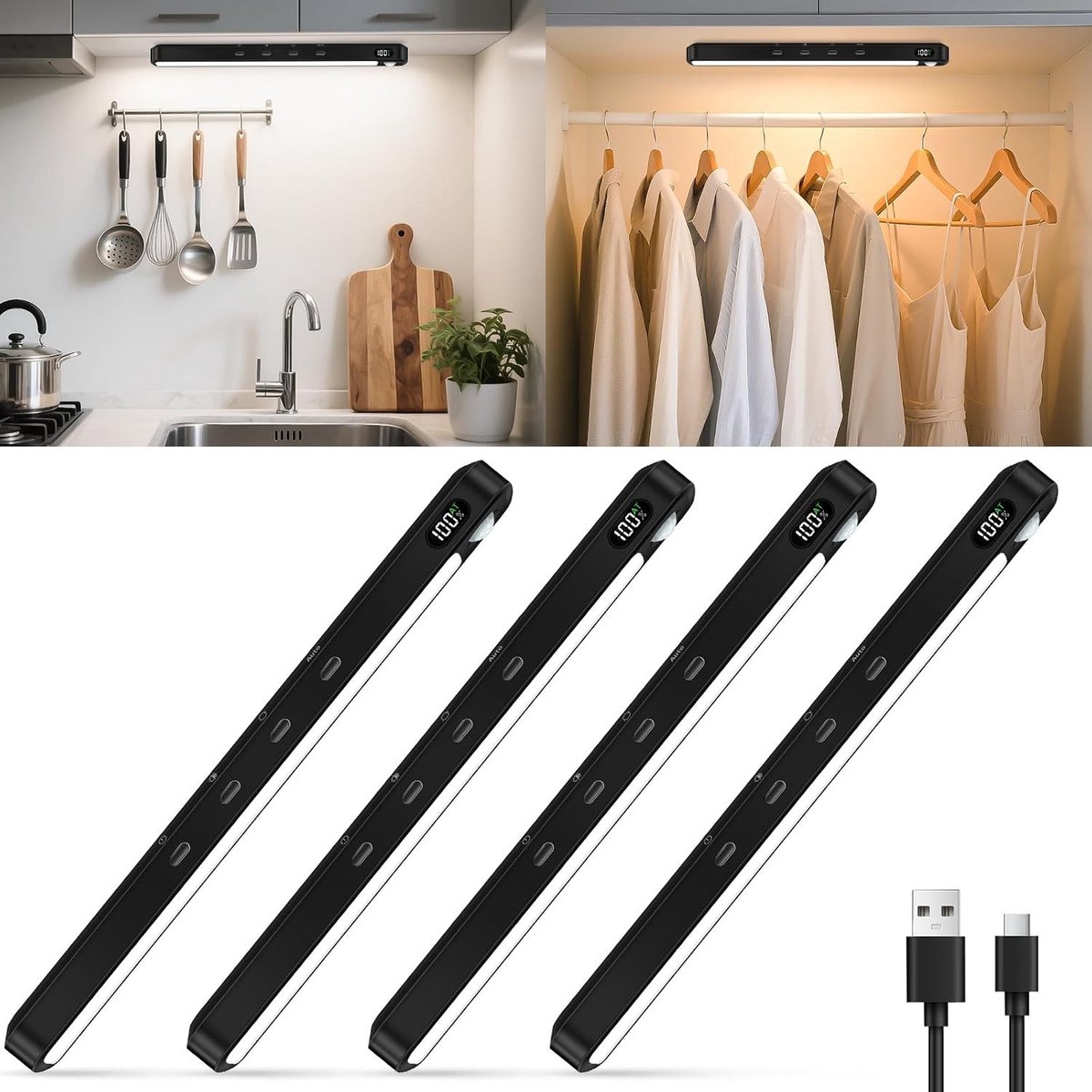 Dimbare onderkastverlichting met 64 LED's, 3 kleurtemperaturen en bewegingssensor voor keuken en slaapkamer