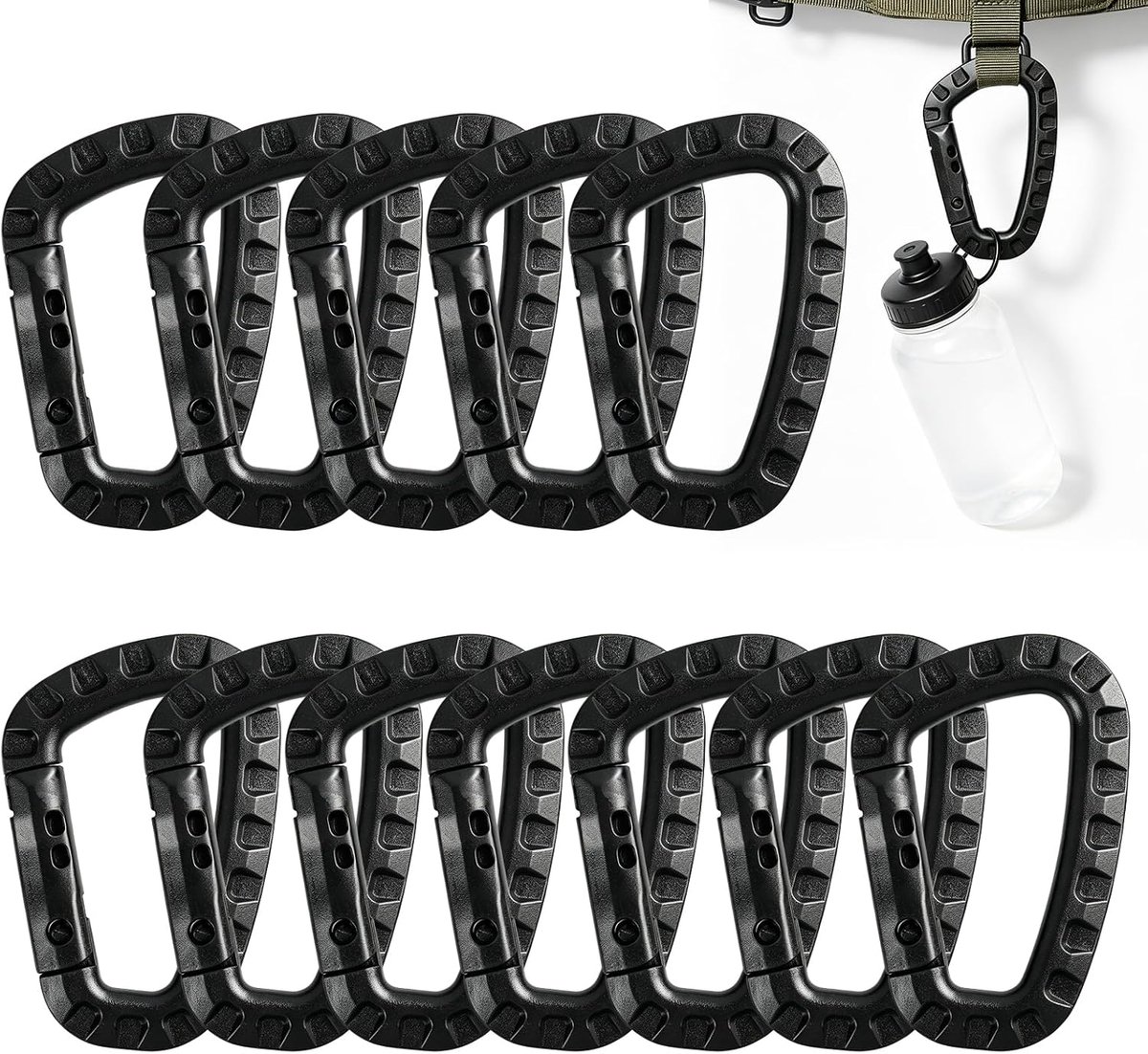 12 stuks karabijnhaken van kunststof, zwart, grote tactische karabijnhaak van pompon, robuuste karabijnhaak met veerclip voor rugzak, camping en outdoor (karabijnhaak)