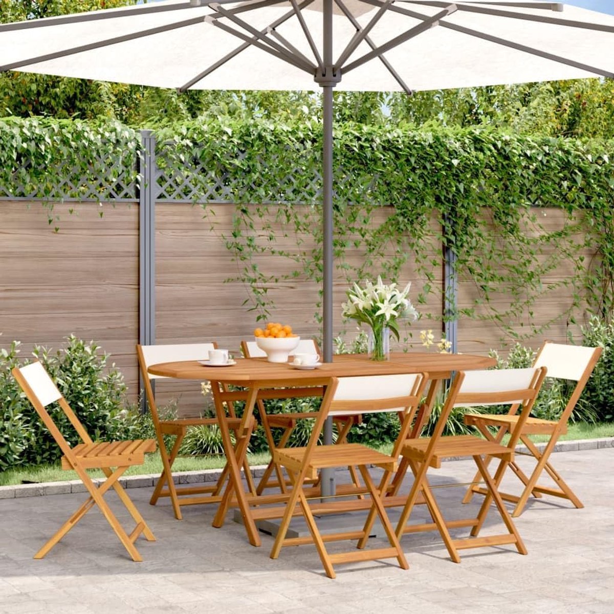 Tuinstoelen, 6 stuks, terrasstoel, balkonstoel, tuinstoelen, tuinmeubelen, campingstoel voor tuin, terras, eetkamer, inklapbaar, crèmewit, stof en massief hout