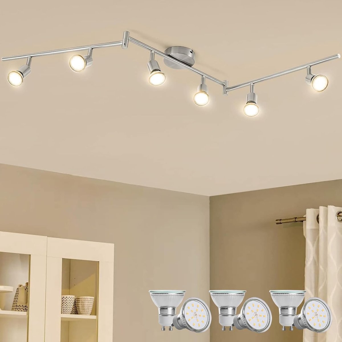 Moderne Plafondlamp met 6 LED GU10 Spots in Mat Nikkel voor Keuken, Woonkamer en Kantoor, Warm Wit Licht