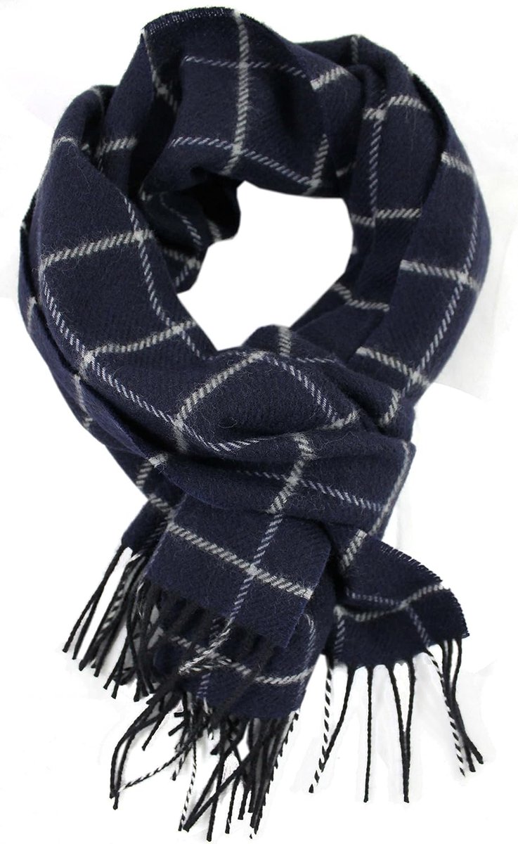 Wintersjaal herensjaal geruit modieus meerdere kleuren 100% wol (merino) 180 x 30 cm, marineblauw