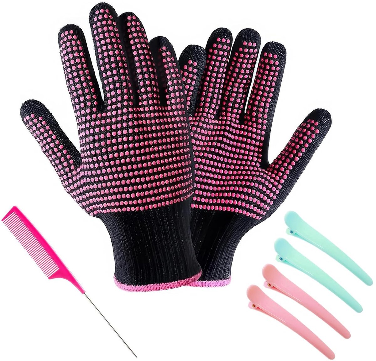 Hittebestendige Handschoen Krultang Hittebescherming Handschoen Hittebestendige Handschoenen voor Haarstyling met Anti-slip Siliconen Nop, Roze, met 4 Clips en 1 Kam