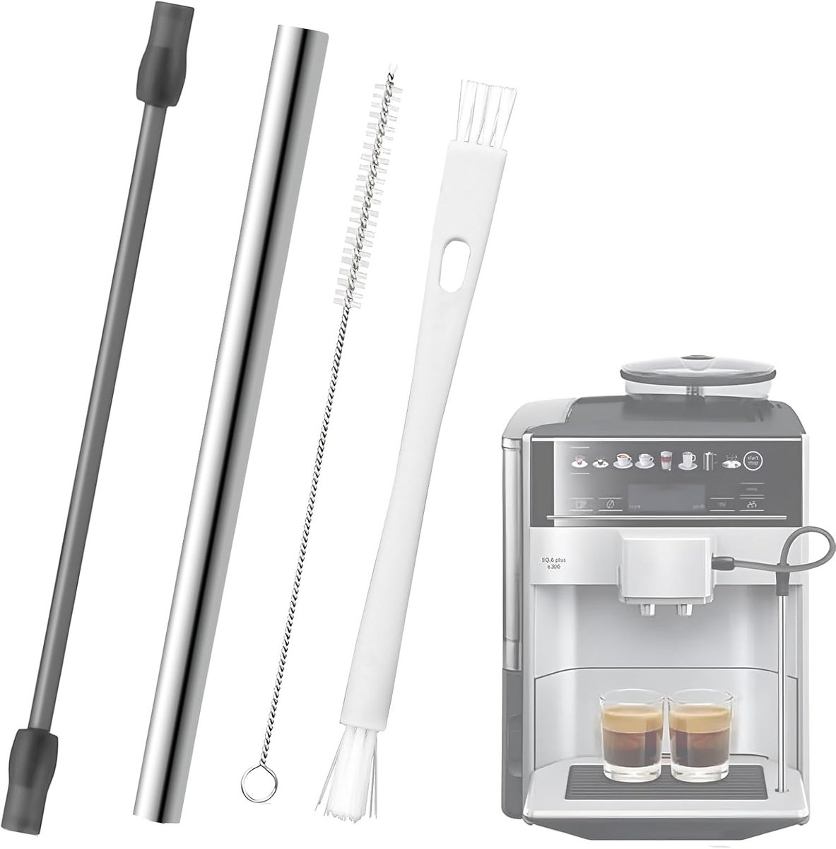 Melkslang, roestvrij staal, volautomatisch, melkslang en reinigingsborstel, set van 4, compatibel met Siemens EQ6 Bosch Veroaroma koffieautomaten