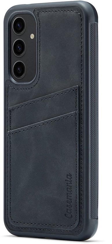 Donkergrijs Casemania hoesje met twee kaarthouders, zwart frame en getextureerde zijkant.