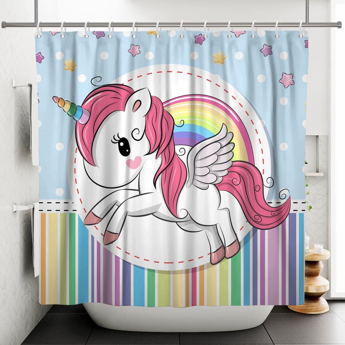 122x183cm Leuke Cartoon Eenhoorn Douchegordijn Regenboog Fantasie Baby Dier Bad Gordijn Ster Kleurrijke Strepen Bad Gordijn voor Kinderen Meisje Badkamer Stof Polyester Waterdicht met Haken