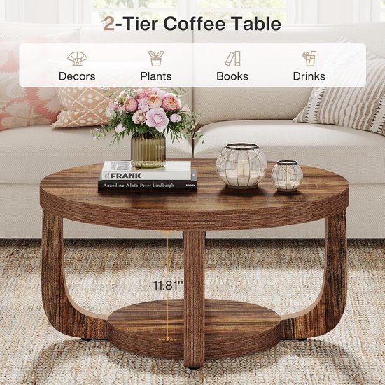 Ronde salontafel, 2-traps ronde salontafel met opbergruimte, 80 cm, moderne accenttafel van hout voor de woonkamer, dik tafelblad en basis, rustiek bruin — afbeelding 4