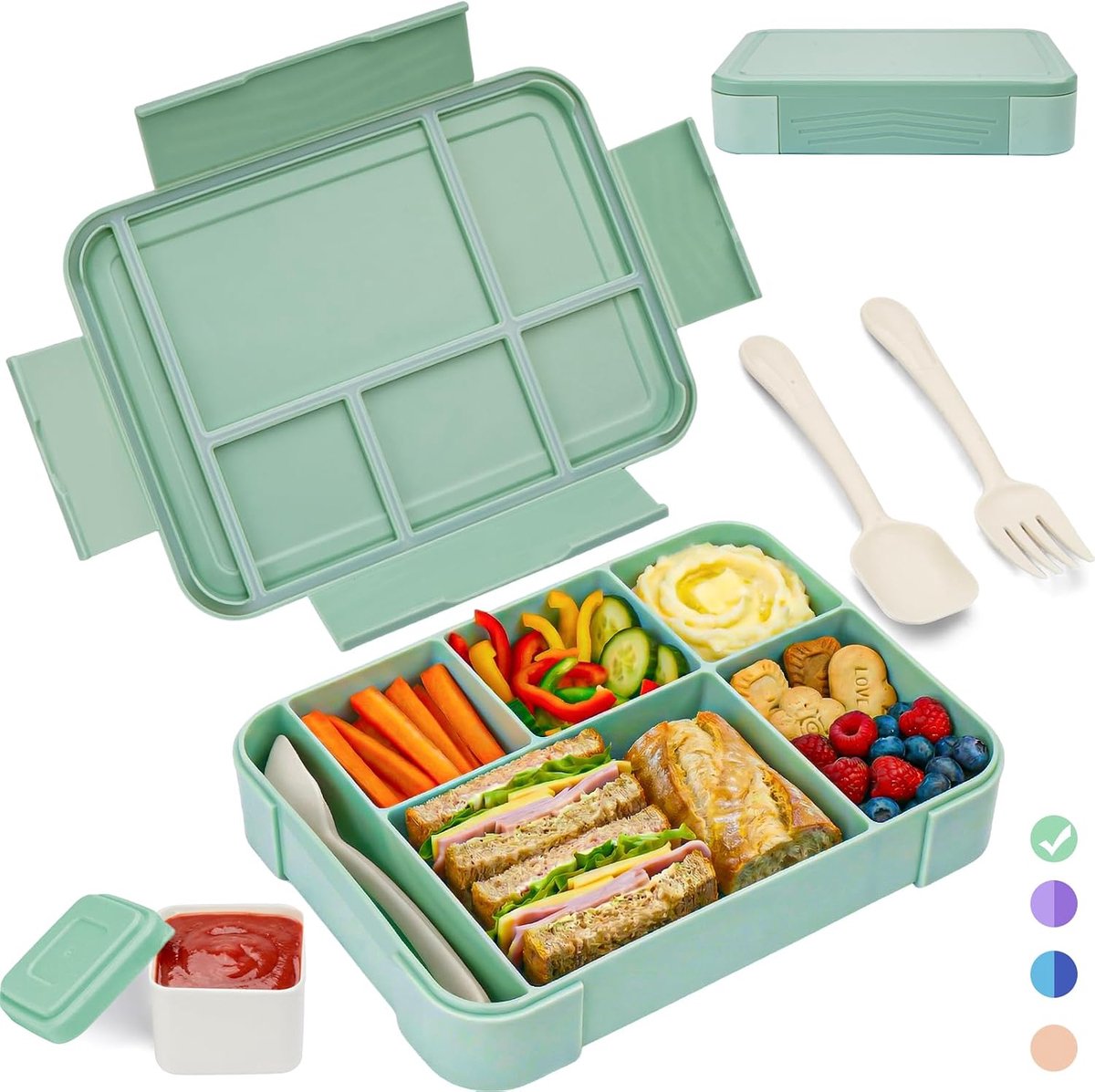 Lunchbox Kinderen met Vakken Lekvrij 1300ml, BPA-vrij Bento Box ook met 5 Compartimenten & Sausbakje, Broodtrommel voor School, Kleuterschool & Uitstapjes, Lichtgewicht 340g