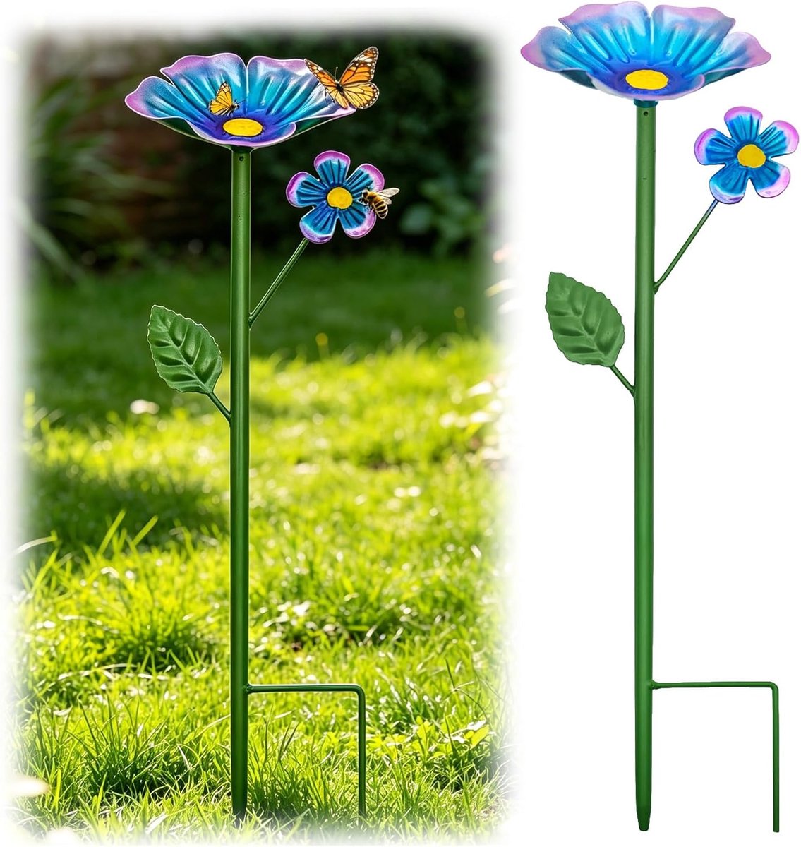 Tuin, insectenbak, metaal, tuindecoratie, vogelbad, staand | Vogelbad winterbestendig bloem met 2 verschillende grondpen, waterbad voor vogels - decoratieve tuin
